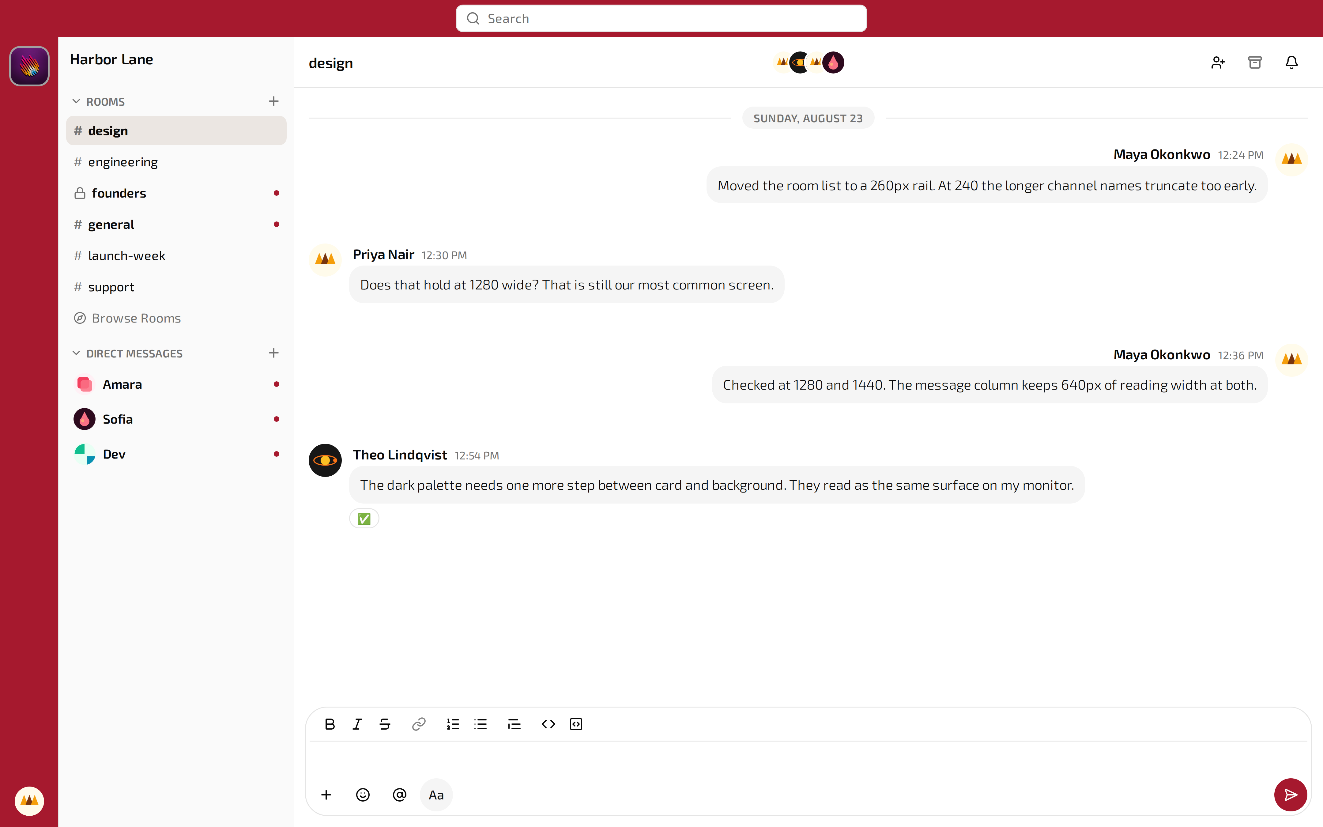 The room list, showing rooms, private rooms and direct messages together