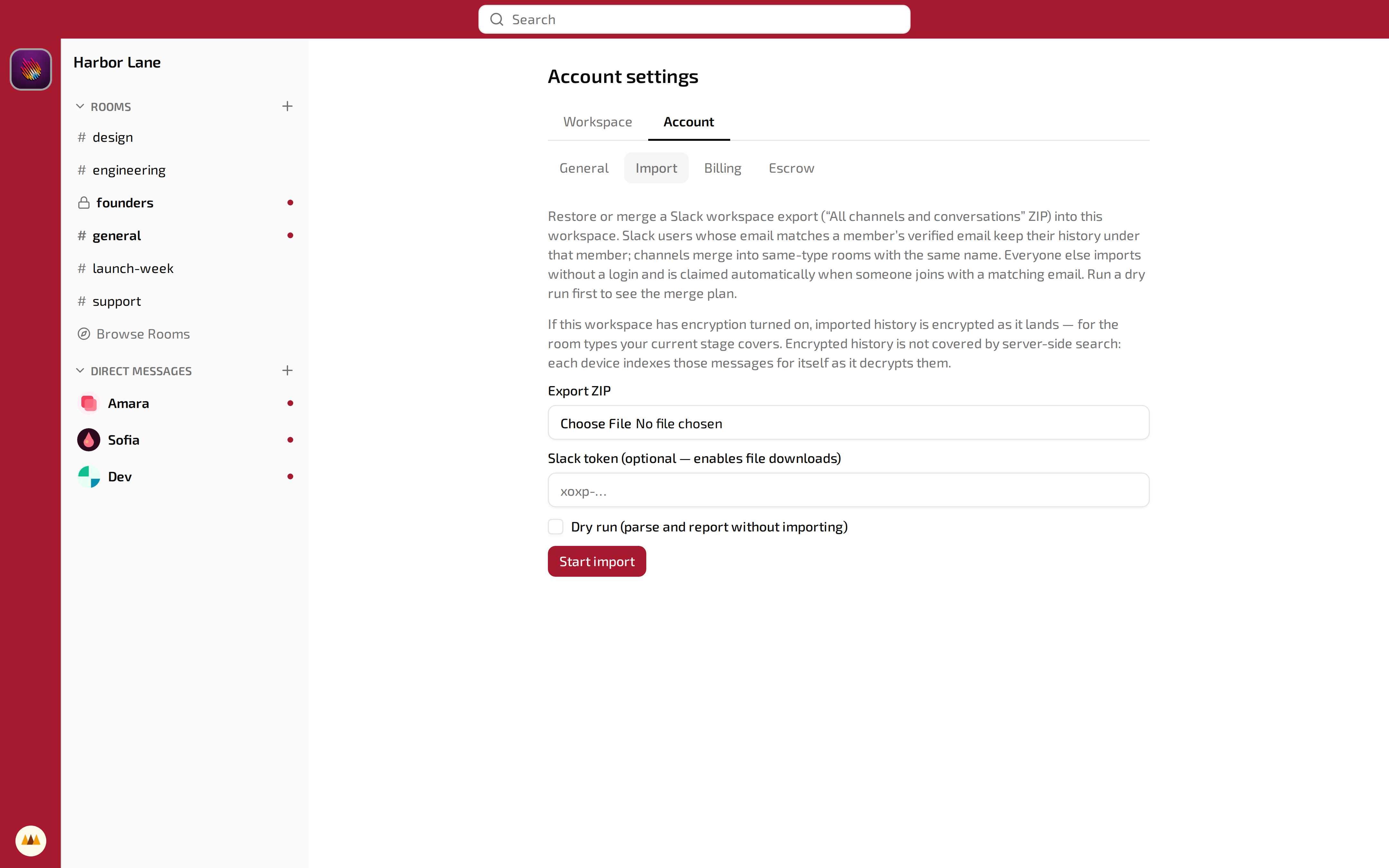 The Slack import screen, with the export ZIP field and a dry-run option
