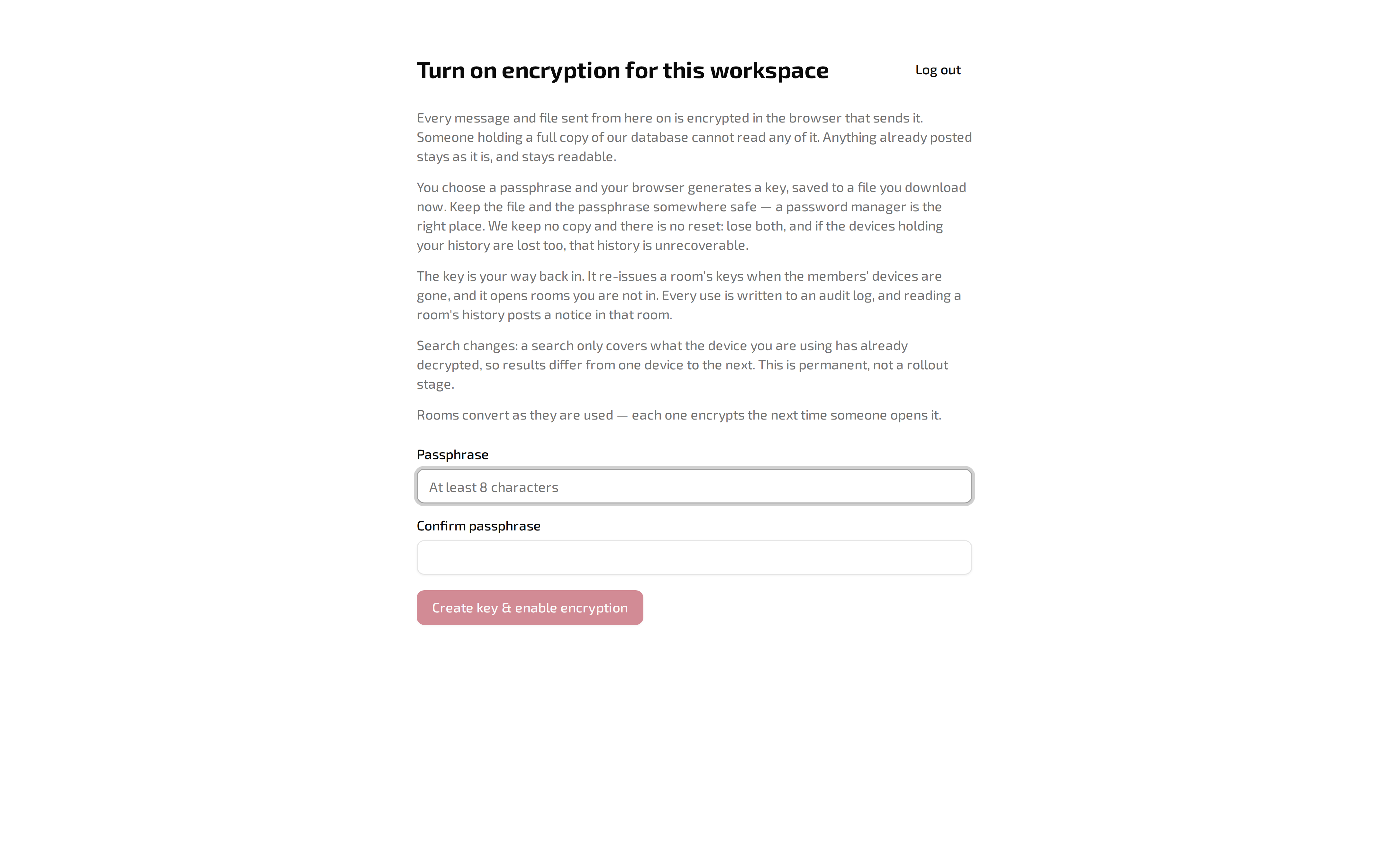 The screen that turns on encryption for a workspace